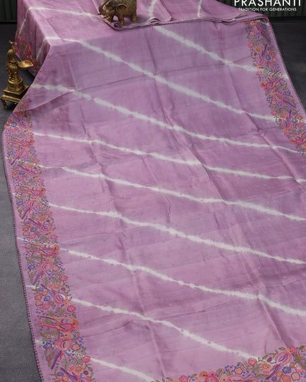Pure tussar silk saree pastel lavender shade with tie & dye prints & embroidery work buttas and embroidery work border