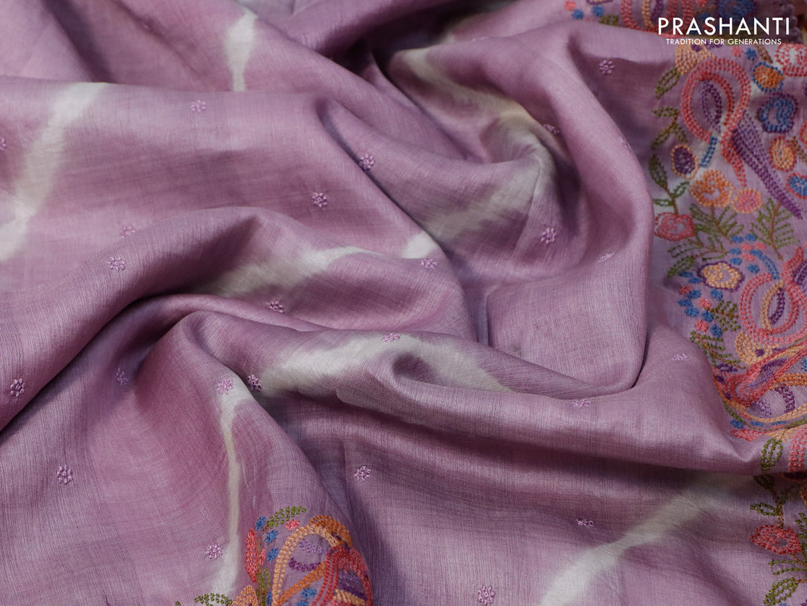 Pure tussar silk saree pastel lavender shade with tie & dye prints & embroidery work buttas and embroidery work border