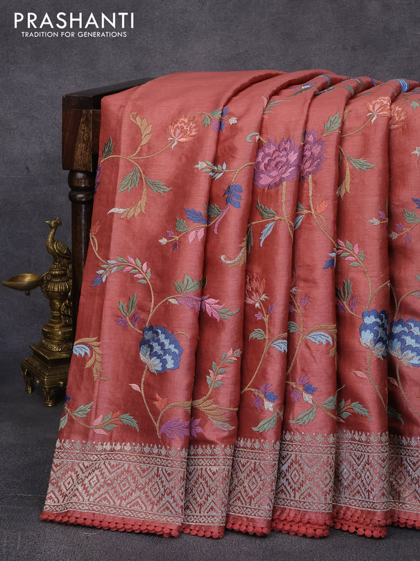 Pure tussar silk saree rust shade with allover floral design embroidery work weaves and zari woven border