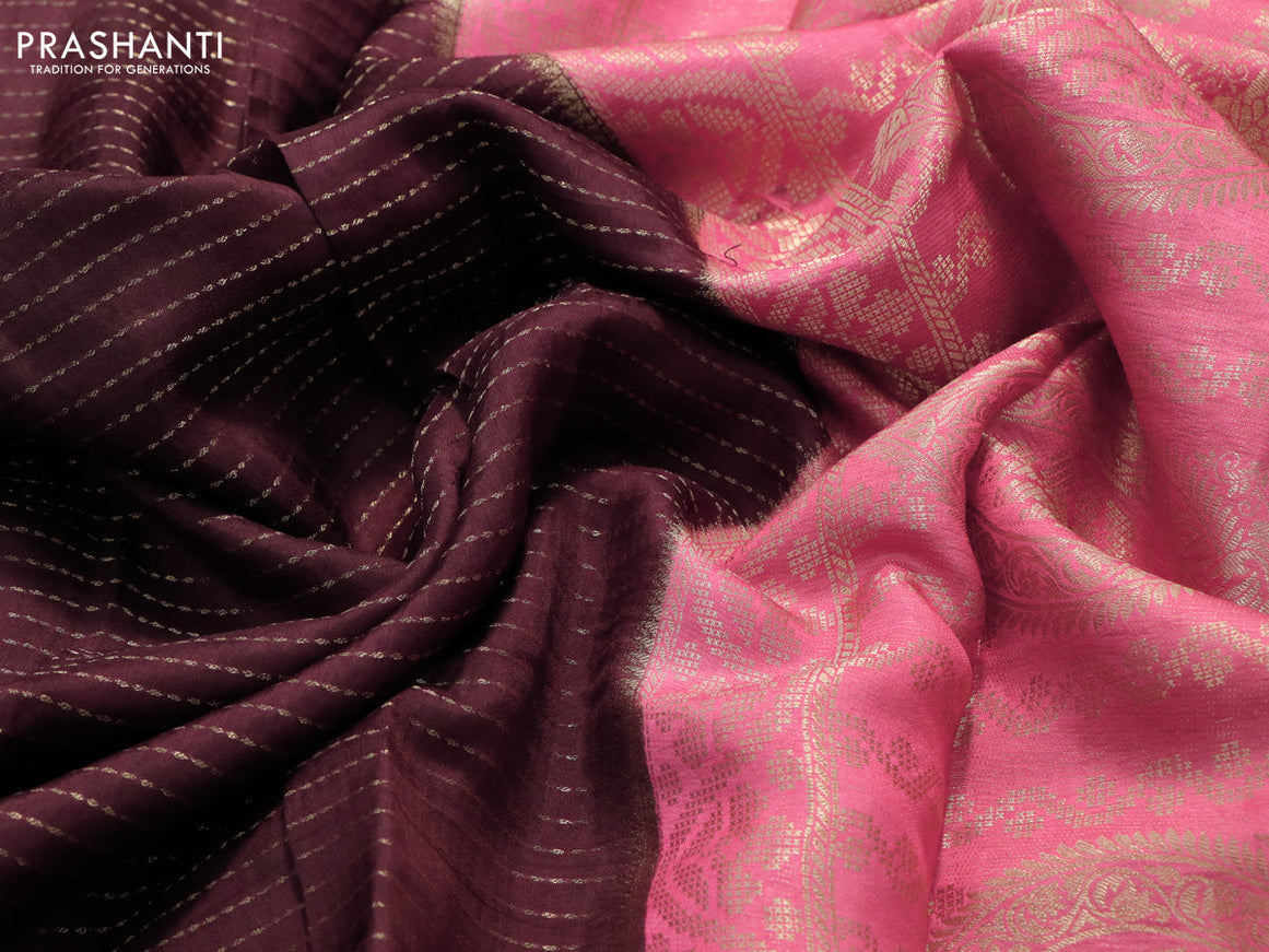 Dola silk saree brown and peach shade with allover zari stripe weaves and zari woven border & zari butta blouse