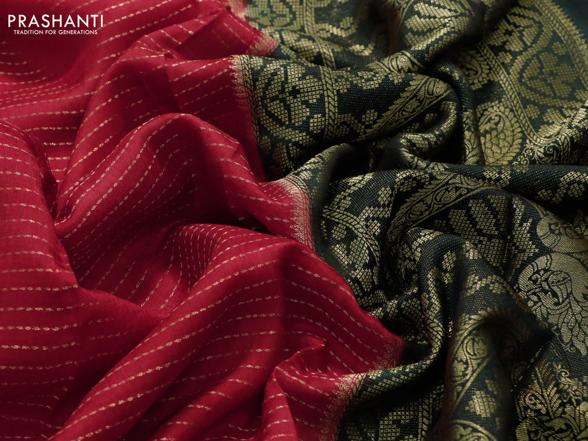 Dola silk saree red and dark green with allover zari stripe weaves and zari woven border & zari butta blouse