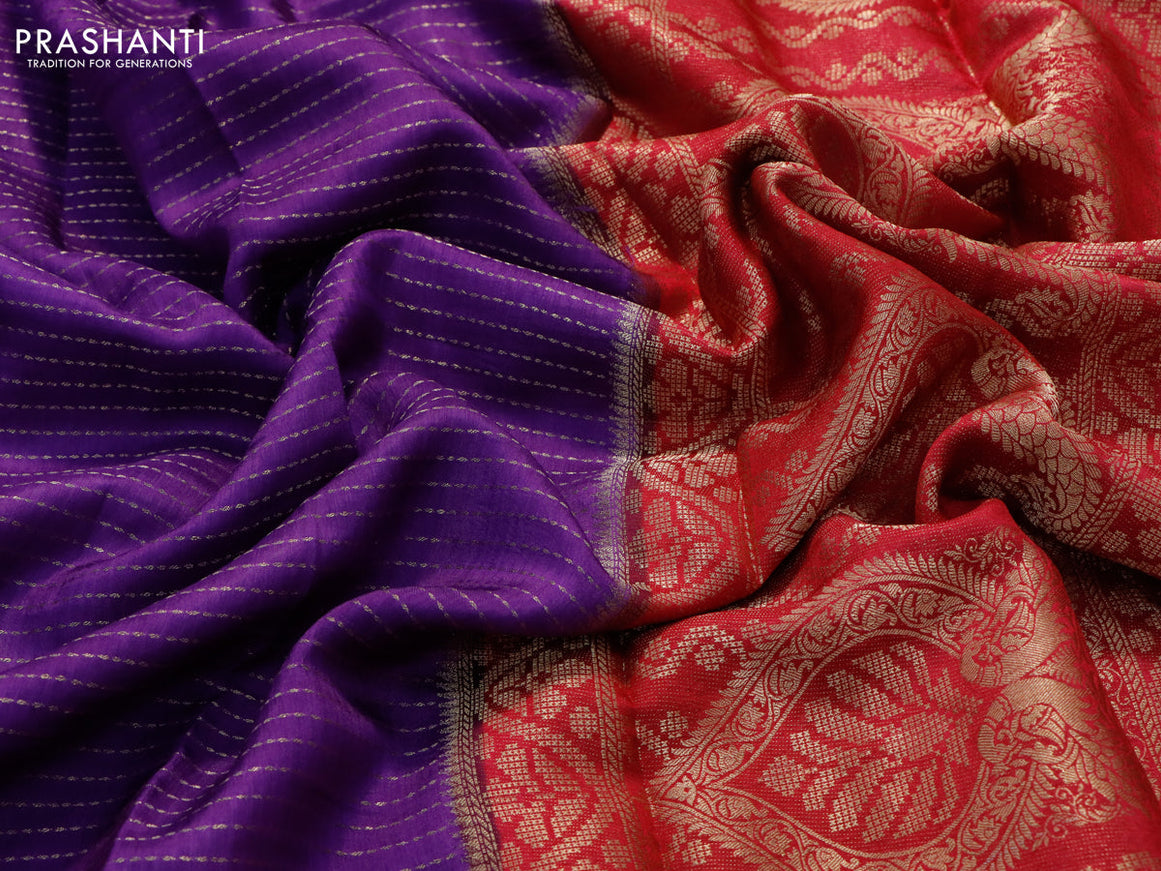 Dola silk saree violet and pink with allover zari stripe weaves and zari woven border & zari butta blouse