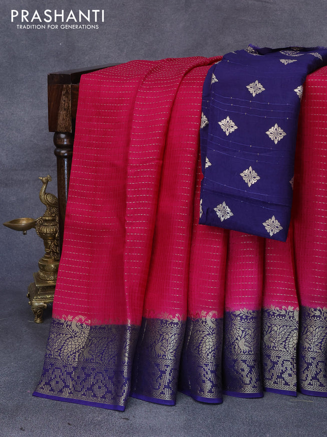 Dola silk saree pink and navy blue with allover zari stripe weaves and zari woven border & zari butta blouse