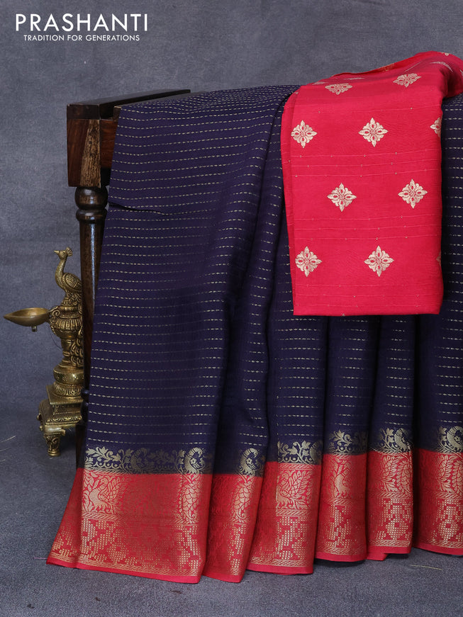 Dola silk saree navy blue and maroon with allover zari stripe weaves and zari woven border & zari butta blouse