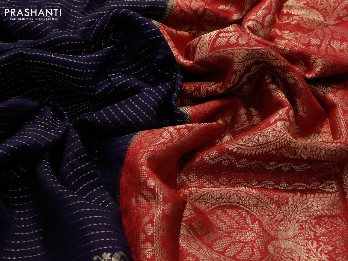 Dola silk saree navy blue and maroon with allover zari stripe weaves and zari woven border & zari butta blouse