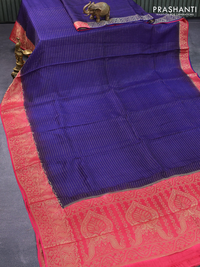Dola silk saree dark blue and pink with allover zari stripe weaves and zari woven border & zari butta blouse