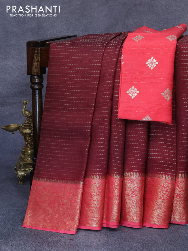 Dola silk saree maroon and peach pink with allover zari stripe weaves and zari woven border & zari butta blouse