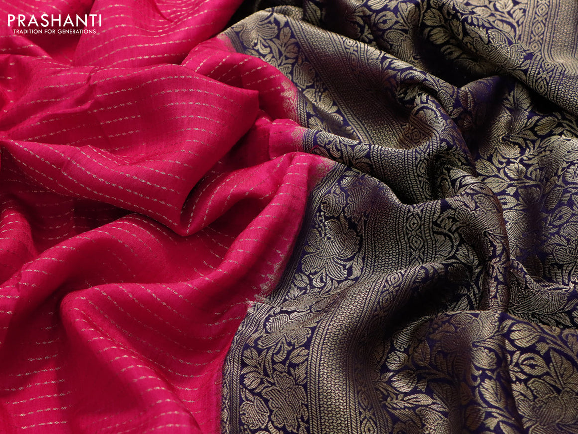 Dola silk saree pink and dark blue with allover zari stripe weaves and zari woven border & zari butta blouse