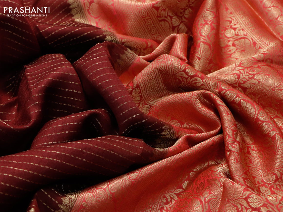 Dola silk saree deep maroon and pink shade with allover zari stripe weaves and zari woven border & zari butta blouse