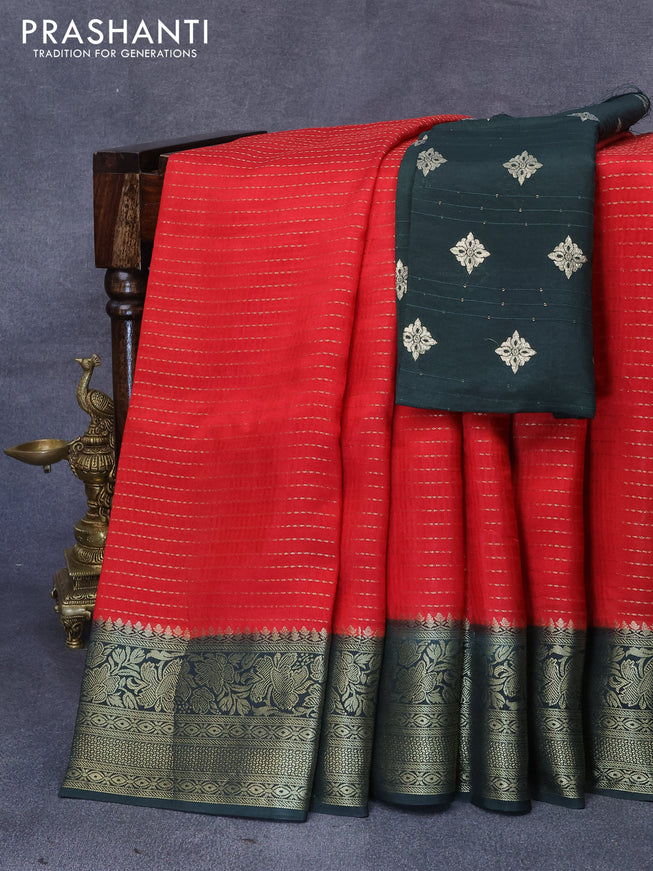 Dola silk saree red and bottle green with allover zari stripe weaves and zari woven border & zari butta blouse