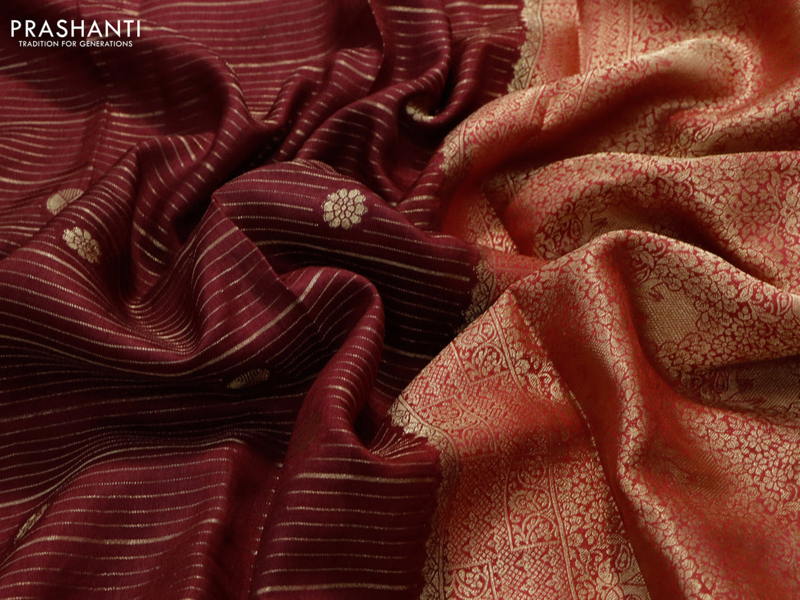 Dola silk saree maroon and red with allover zari stripes & butta weaves and zari woven border & zari butta blouse