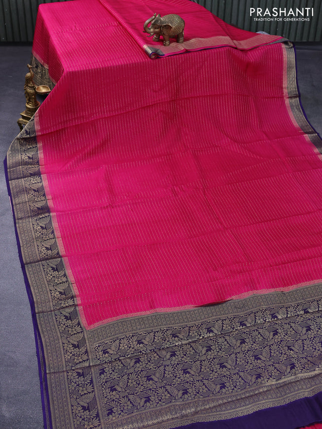 Dola silk saree pink and dark blue with allover zari stripe weaves and zari woven border & zari butta blouse