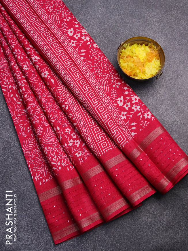 Semi dola saree pink with allover prints and zari woven sequin work border