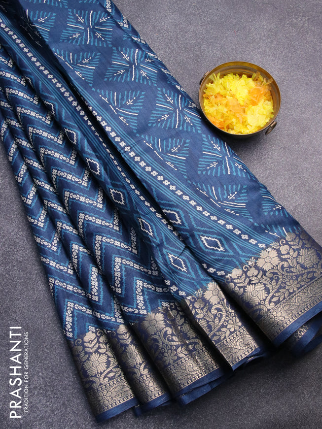 Semi dola saree peacock blue with allover zig zag prints and zari woven border