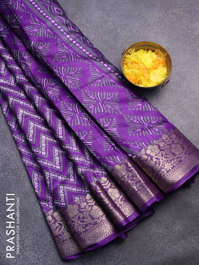 Semi dola saree violet with allover zig zag prints and zari woven border