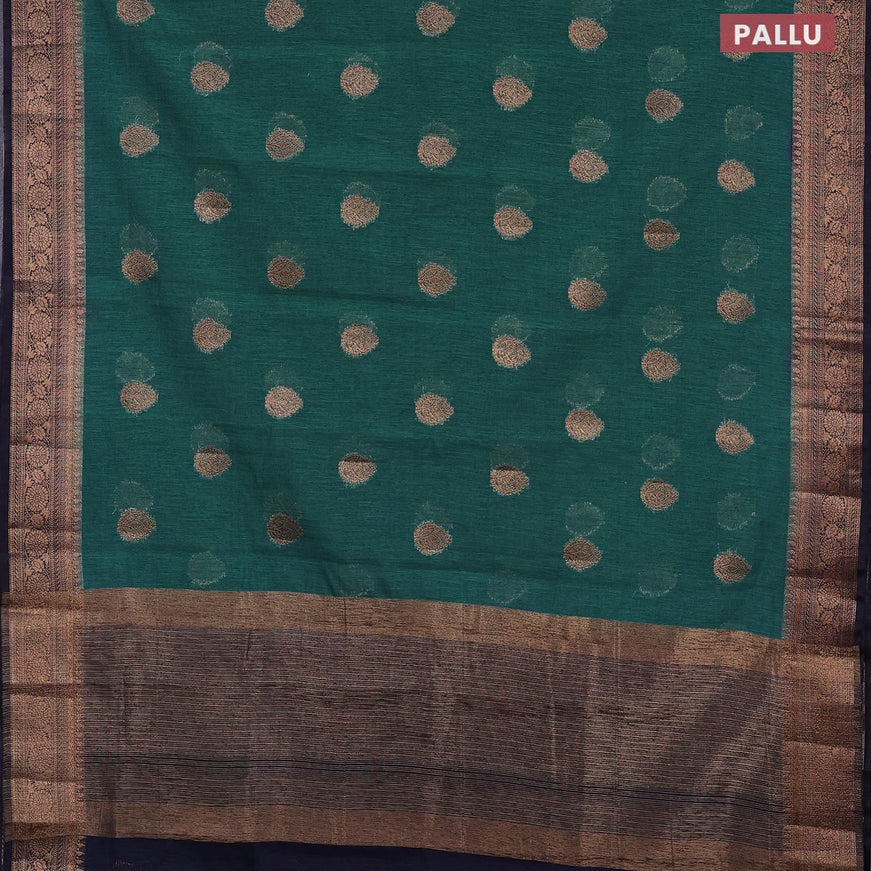 Banarasi semi matka saree green shade and navy blue with thread & zari woven buttas and banarasi style border