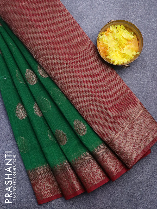 Banarasi semi matka saree green and maroon with thread & zari woven buttas and banarasi style border