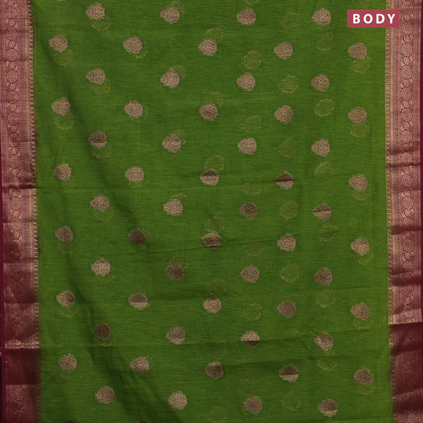 Banarasi semi matka saree mehendi green and dark magenta with thread & zari woven buttas and banarasi style border