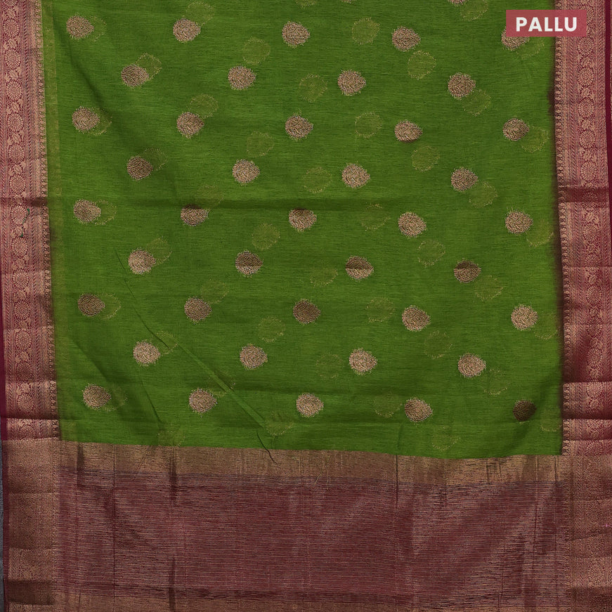 Banarasi semi matka saree mehendi green and dark magenta with thread & zari woven buttas and banarasi style border