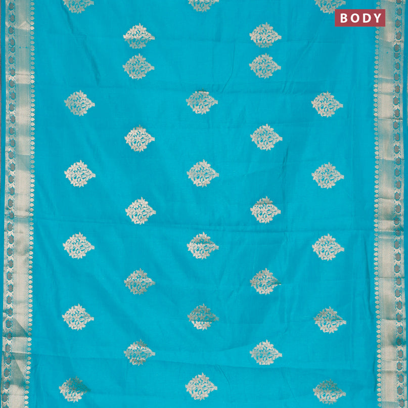 Semi raw silk saree teal blue with floral zari woven buttas and zari woven border