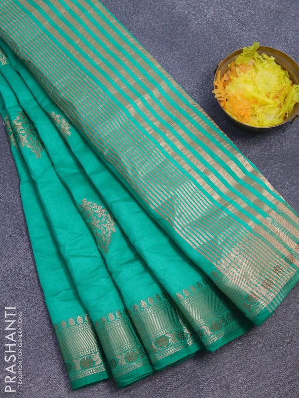 Semi raw silk saree teal green with floral zari woven buttas and zari woven border