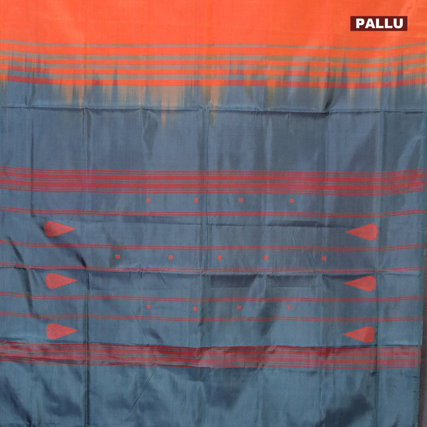 Banana pith saree dual shade of orange and dark peacock blue with thread woven buttas in borderless style with blouse