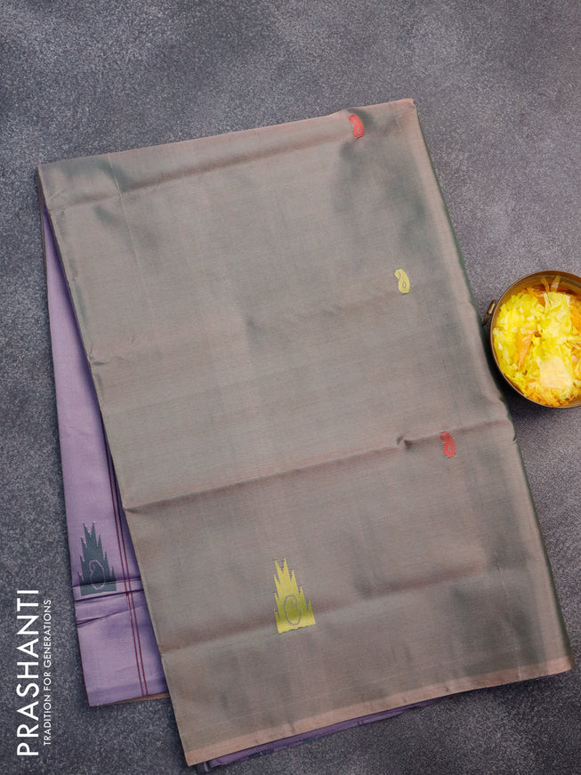 Banana pith saree dual shade of greenish peach and lavender shade with thread woven buttas in borderless style with blouse