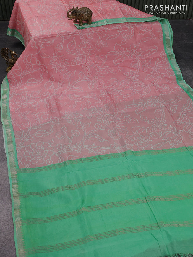 Mangalgiri silk cotton saree peach pink and teal green with allover bandhani prints and silver zari woven border