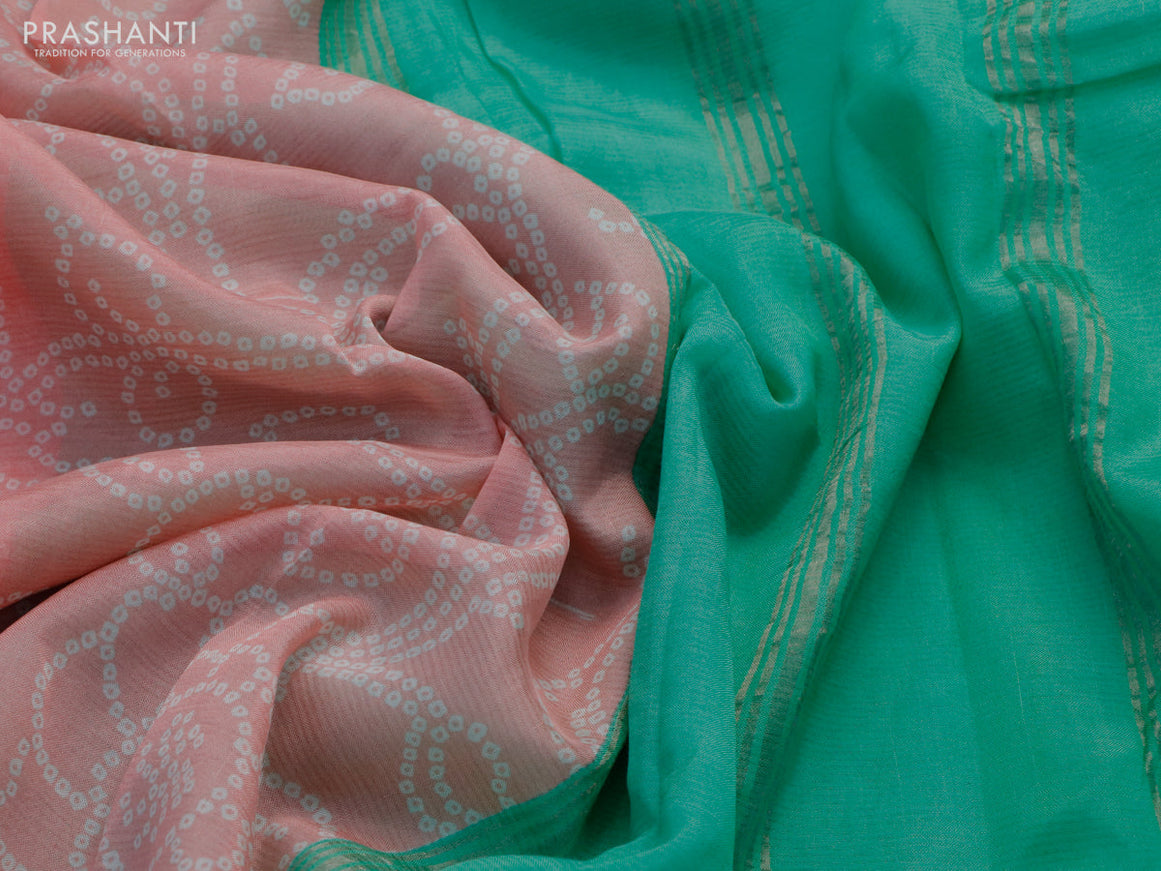 Mangalgiri silk cotton saree peach pink and teal green with allover bandhani prints and silver zari woven border