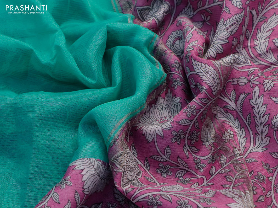 Mangalgiri silk cotton saree teal blue and magenta pink with plain body and kalamkari printed silver zari border