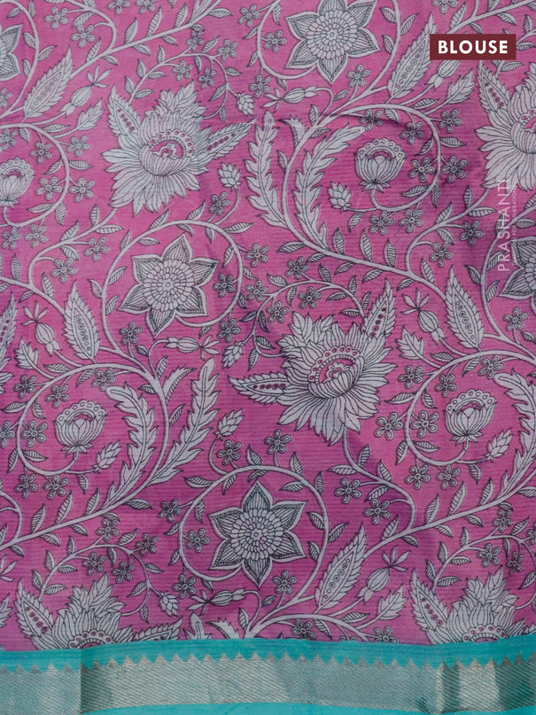 Mangalgiri silk cotton saree teal blue and magenta pink with plain body and kalamkari printed silver zari border