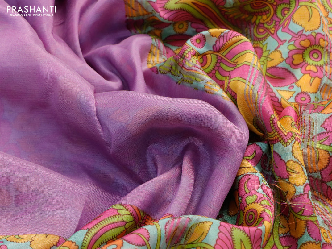 Mangalgiri silk cotton saree pastel lavender shade and orange with plain body and kalamkari printed silver zari border