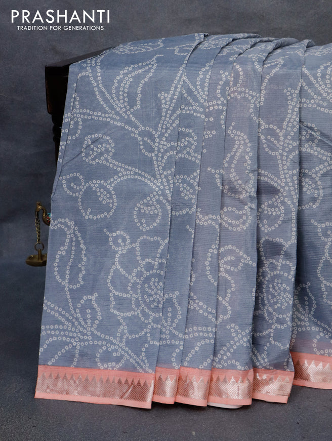 Mangalgiri silk cotton saree grey and peach orange with allover bandhani prints and silver zari woven border
