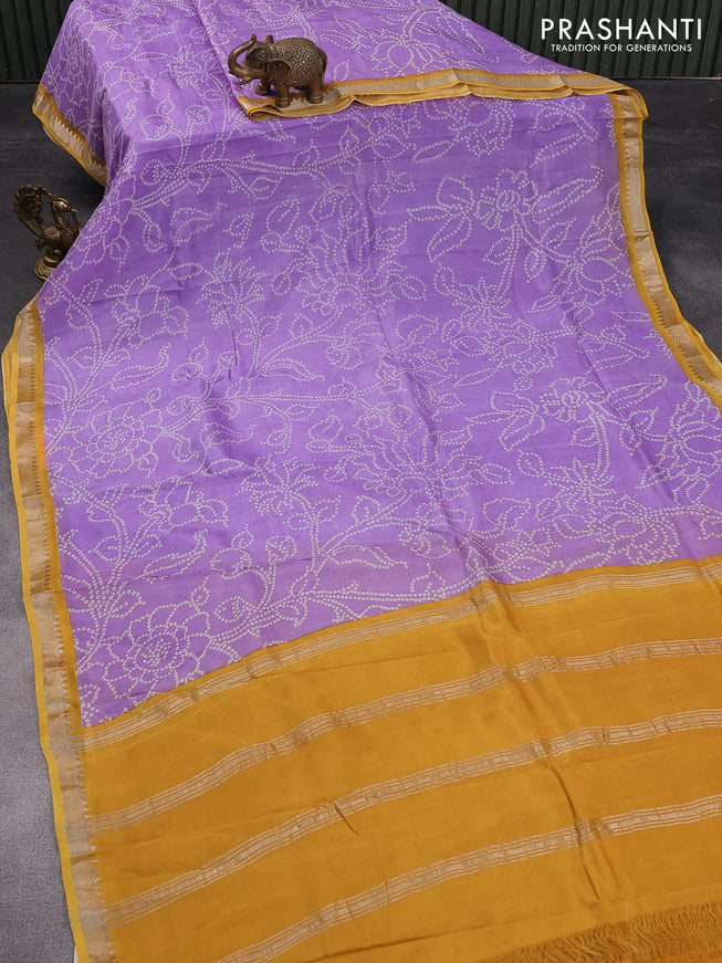 Mangalgiri silk cotton saree lavender shade and mustard yellow with allover bandhani prints and silver zari woven border