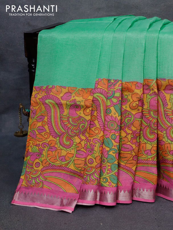 Mangalgiri silk cotton saree teal green and pink with plain body and kalamkari printed silver zari border