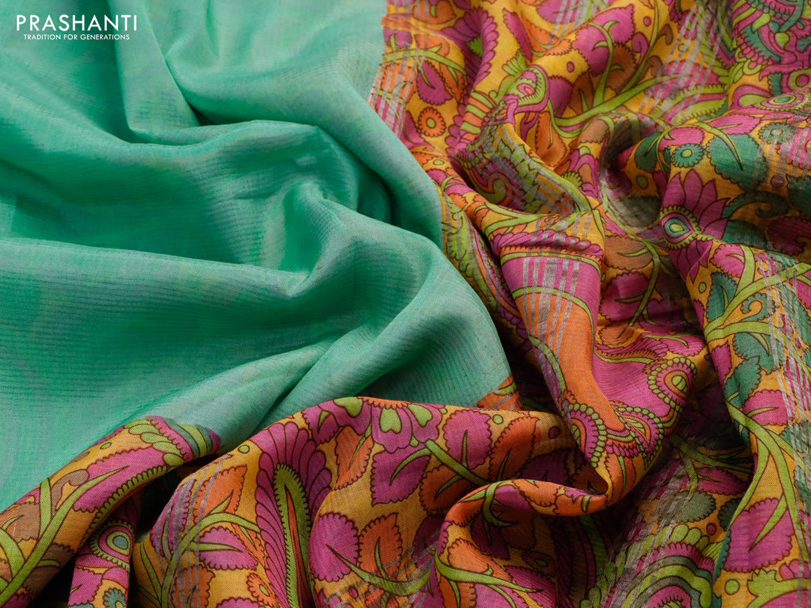 Mangalgiri silk cotton saree teal green and pink with plain body and kalamkari printed silver zari border