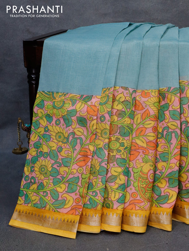 Mangalgiri silk cotton saree grey shade and yellow with plain body and kalamkari printed silver zari border