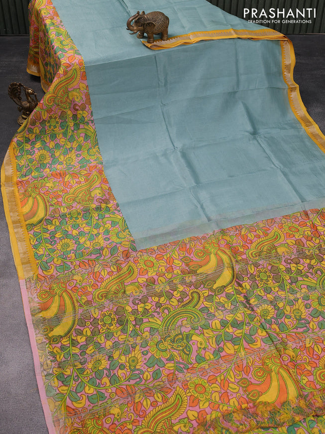 Mangalgiri silk cotton saree grey shade and yellow with plain body and kalamkari printed silver zari border