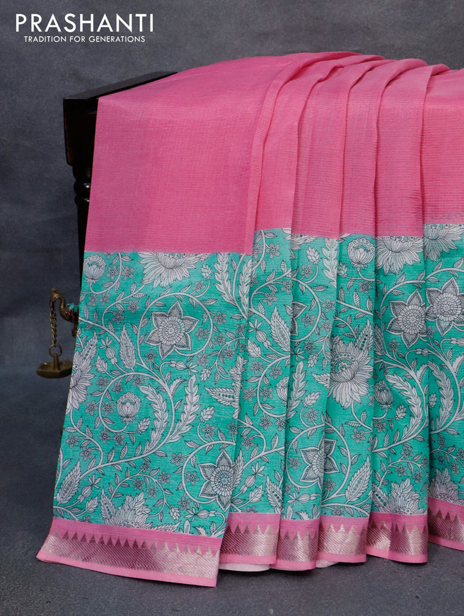 Mangalgiri silk cotton saree pink and light blue with plain body and kalamkari printed silver zari border