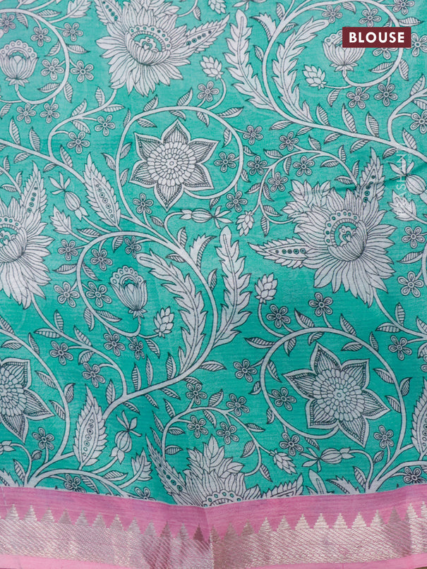 Mangalgiri silk cotton saree pink and light blue with plain body and kalamkari printed silver zari border