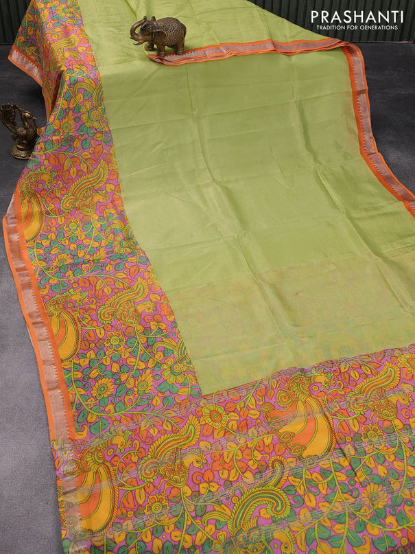 Mangalgiri silk cotton saree pista green and orange with plain body and kalamkari printed silver zari border
