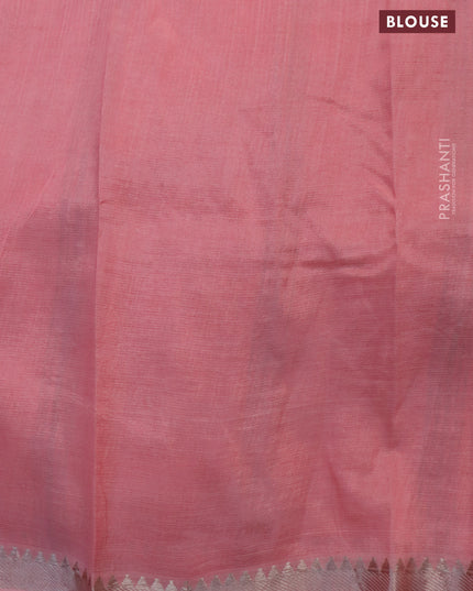 Mangalgiri silk cotton saree pista green and light pink with allover bandhani prints and silver zari woven border