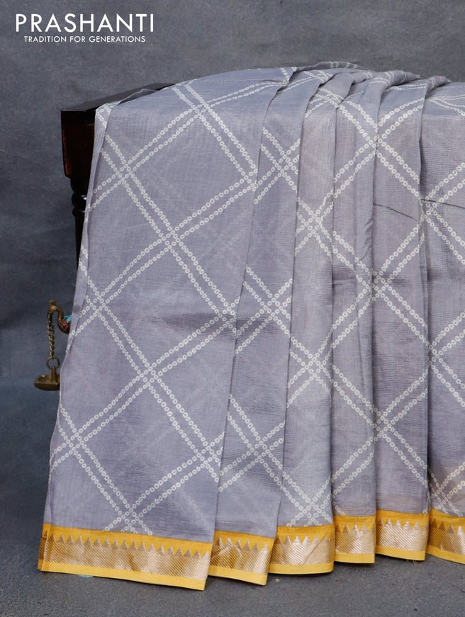 Mangalgiri silk cotton saree grey and yellow with allover bandhani prints and silver zari woven border