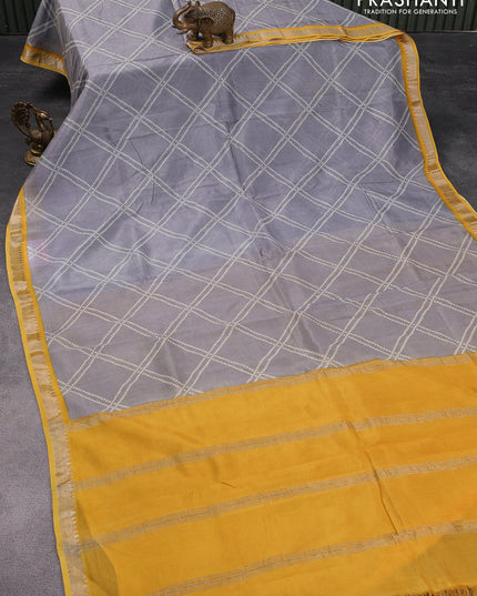 Mangalgiri silk cotton saree grey and yellow with allover bandhani prints and silver zari woven border
