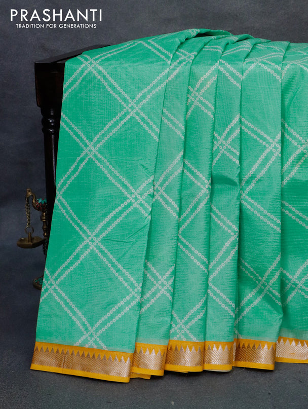 Mangalgiri silk cotton saree teal green and yellow with allover bandhani prints and silver zari woven border