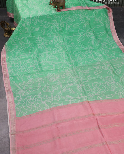 Mangalgiri silk cotton saree teal green and light pink with allover bandhani prints and silver zari woven border