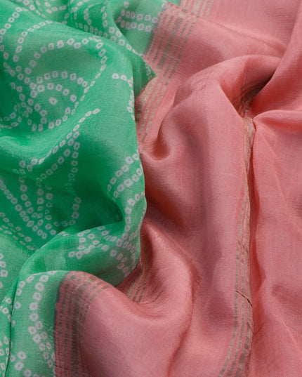 Mangalgiri silk cotton saree teal green and light pink with allover bandhani prints and silver zari woven border
