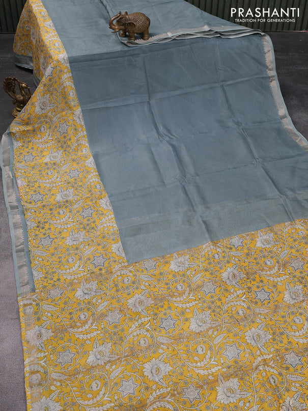 Mangalgiri silk cotton saree grey and yellow with plain body and kalamkari printed silver zari border