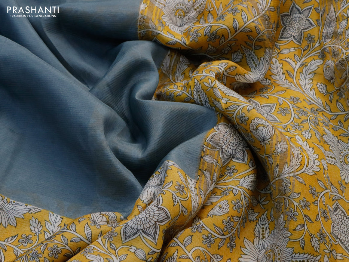 Mangalgiri silk cotton saree grey and yellow with plain body and kalamkari printed silver zari border