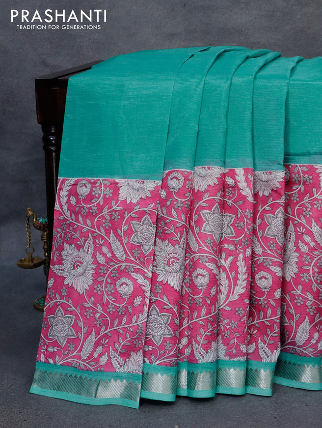 Mangalgiri silk cotton saree teal blue shade and magenta pink with plain body and kalamkari printed silver zari border